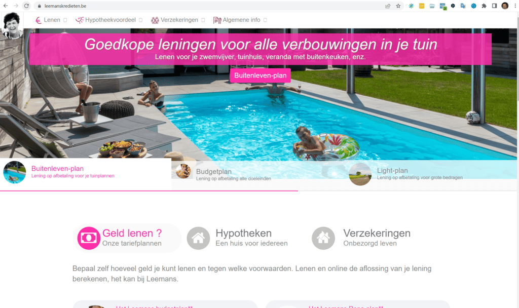 Captura de pantalla del sitio web de Leemans Kredieten